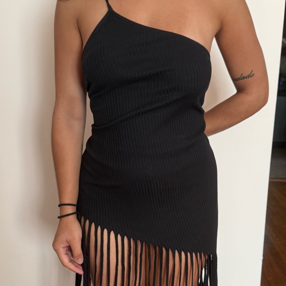 Zara Black One-Shoulder Dress with Fringe
